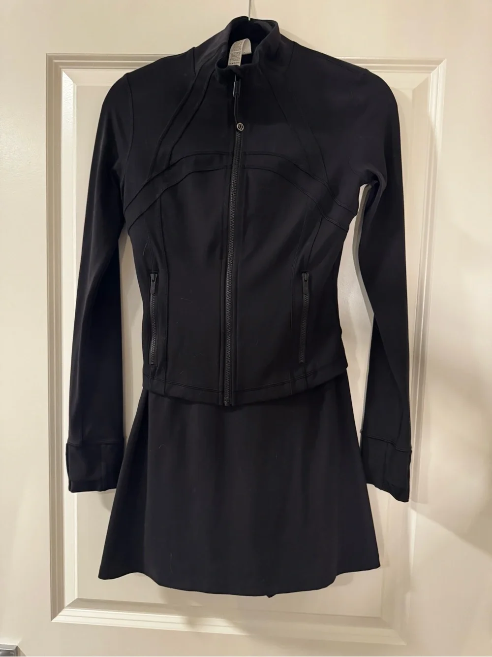 Lulu Black Zip-Front Define jacket and matching dress.